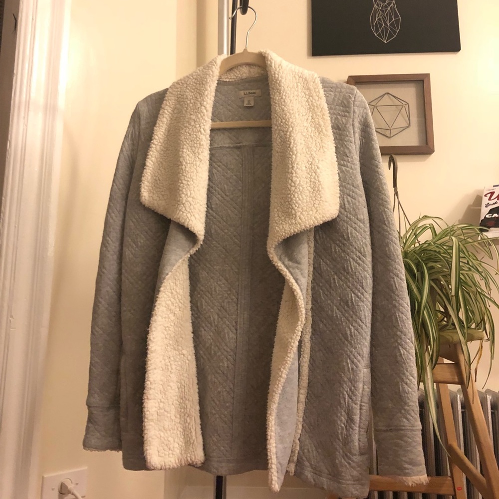 llbean • sherpa-trimmed open cardigan / xs, gray